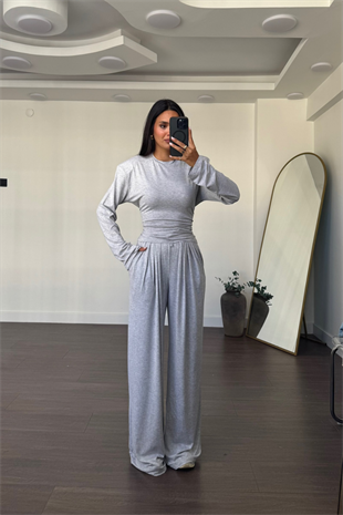 Vatkalı Beli Ayarlanabilir Bluz Pantolon Takım-Gri