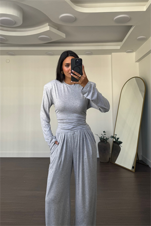 Vatkalı Beli Ayarlanabilir Bluz Pantolon Takım-Gri