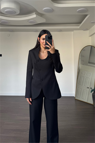 Yaka Detaylı Ceket Pantolon Takım-Siyah