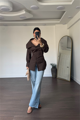 Yaka Detaylı Oversize Arkadan Bağlamalı Gömlek-Kahve