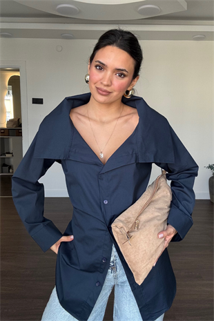 Yaka Detaylı Oversize Arkadan Bağlamalı Gömlek-Lacivert