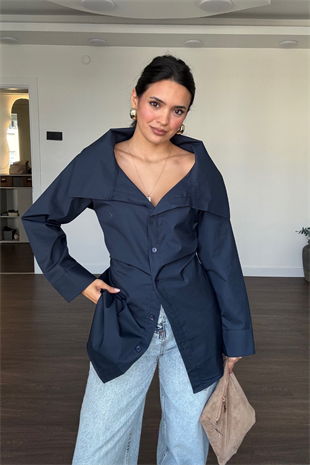 Yaka Detaylı Oversize Arkadan Bağlamalı Gömlek-Lacivert