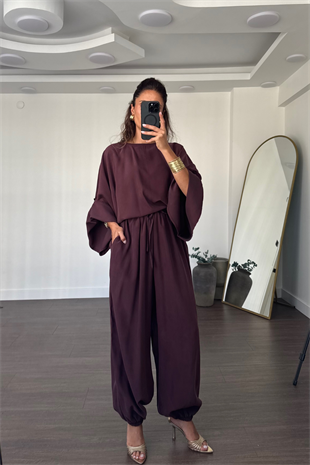 Yarasa Kol Bluz Şalvar Pantolon Takım-Mürdüm