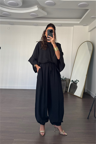 Yarasa Kol Bluz Şalvar Pantolon Takım-Siyah