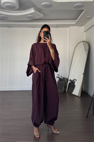 Yarasa Kol Bluz Şalvar Pantolon Takım-Mürdüm