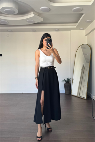 Yırtmaçlı Kemerli Etek-Siyah