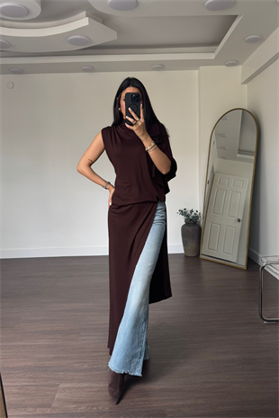 Yüksek Yaka Tek Kol Asimetrik Bluz-Kahve