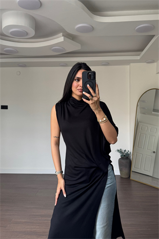 Yüksek Yaka Tek Kol Asimetrik Bluz-Siyah