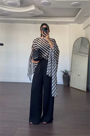 Yumuşak Dokulu Dökümlü Pantolon-Siyah