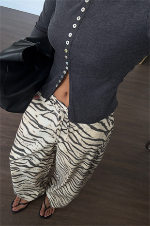 Zebra Desenli Bağcıklı Pantolon-Bej