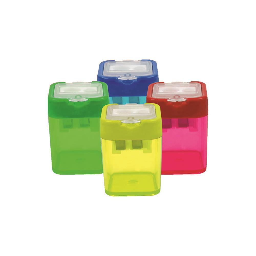 BU-BU KT0007 ŞEFFAF KARE  KALEMTIRAŞ ÇİFT DELİKLİ HAZNELİ (4 RENK)