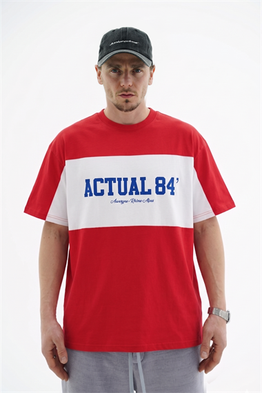 Baskılı Şerit Detay Kırmızı Oversize Tshirt