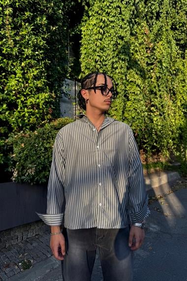 Çizgili Füme İnce Kumaş Oversize Gömlek
