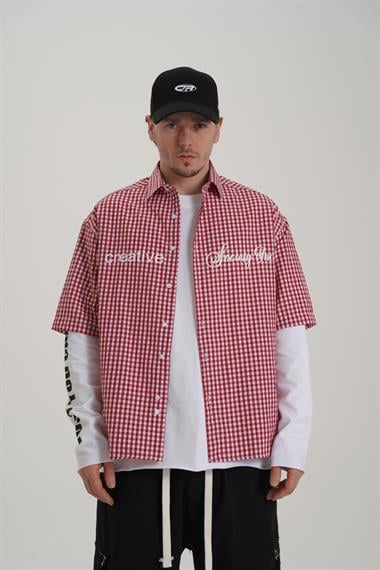 Creative Baskılı Kırmızı Oversize Ekose Gömlek PM01 26Y285