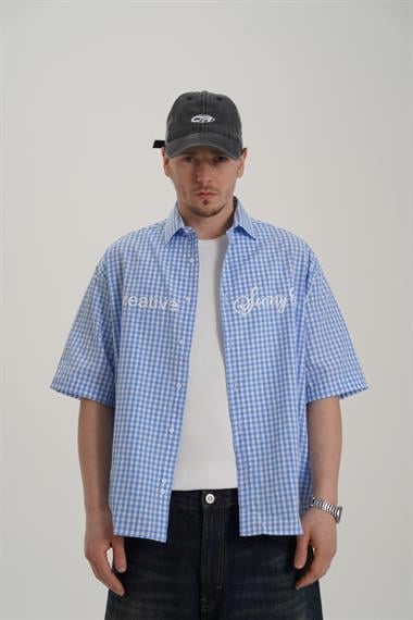Creative Baskılı Mavi Oversize Ekose Gömlek PM01 26Y285