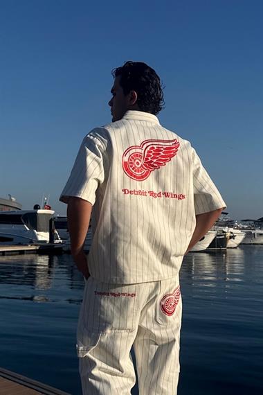 Detroit Nakışlı Krem Çizgili Oversize Gömlek