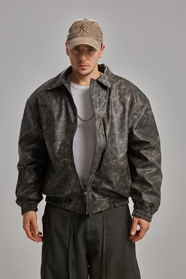 Dirty Camo Desenli Suni Deri Bomber Ceket