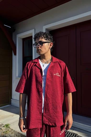Etnik Desen Dokulu Bordo Oversize Gömlek PE01