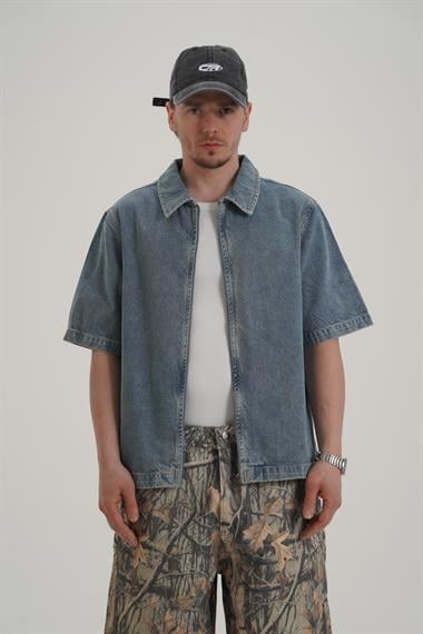 Fermuar Detay Oversize Jean Gömlek