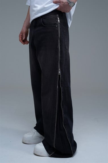 Fermuar Detay Siyah Baggy Jean