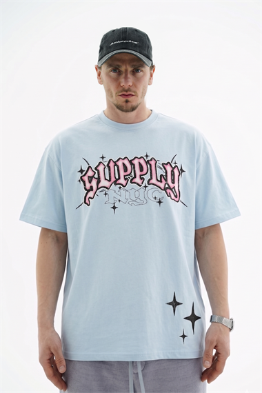 Graffiti Baskılı Açık Mavi Oversize Tshirt