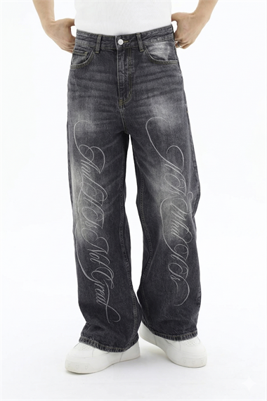 Graffiti Desen Acid Wash Füme Jean Pantolon