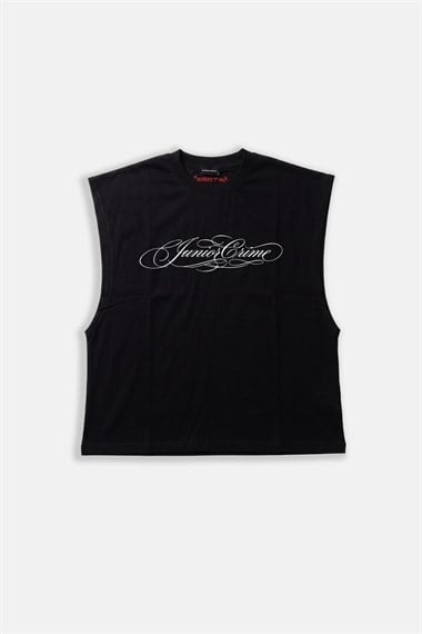 JR Beyaz Signature Baskılı Boxy Fit Kolsuz Siyah Tshirt