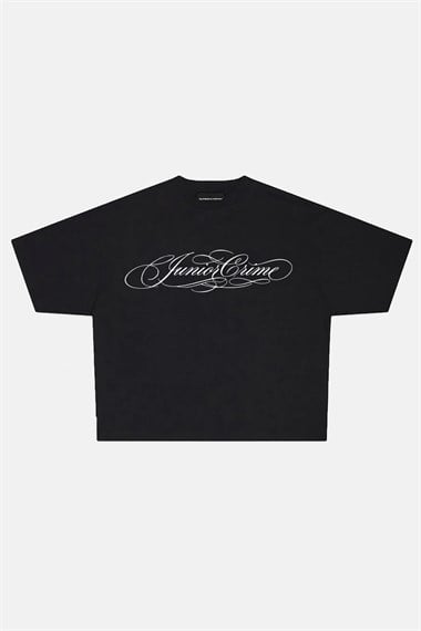 JR Beyaz Signature Baskılı Siyah Boxy Oversize Tshirt