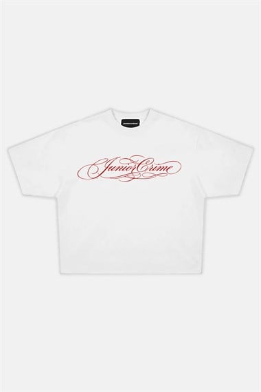 JR Kırmızı Signature Baskılı Beyaz Boxy Oversize Tshirt