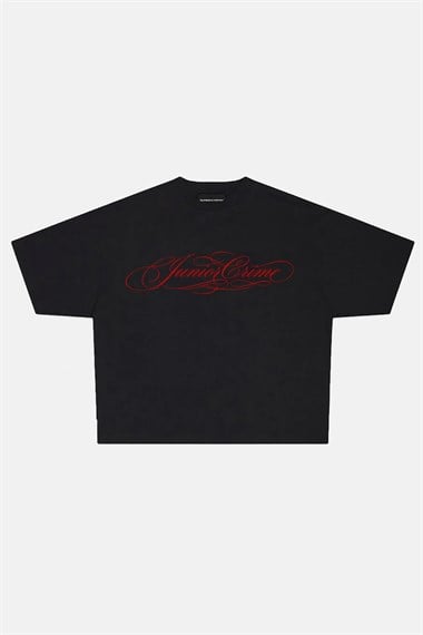 JR Kırmızı Signature Baskılı Siyah Boxy Oversize Tshirt