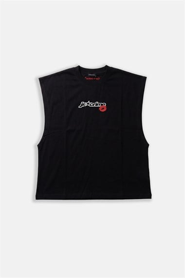 JR Lip Baskılı Boxy Fit Kolsuz Siyah Tshirt