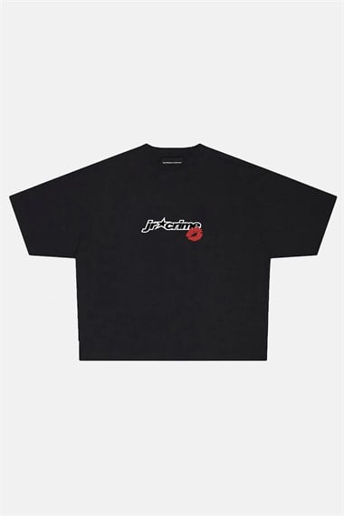 JR Lip Baskılı Siyah Boxy Fit Oversize Tshirt