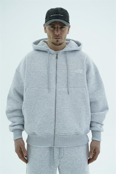 Jr Logo Boxy Kalıp Gri Melanj Oversize Zipper Sweatshirt