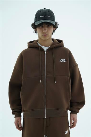 Jr Logo Boxy Kalıp Kahverengi Oversize Zipper Sweatshirt