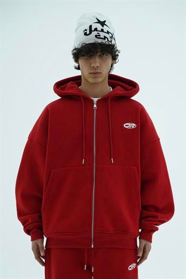 Jr Logo Boxy Kalıp Kırmızı Oversize Zipper Sweatshirt
