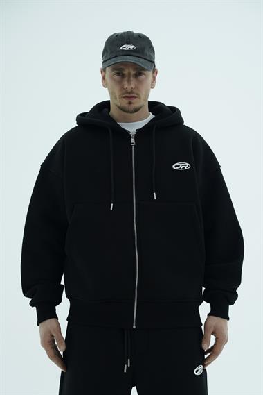 Jr Logo Boxy Kalıp Siyah Oversize Zipper Sweatshirt