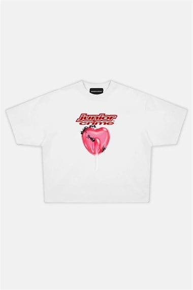 JR Lollipop Baskılı Beyaz Boxy Oversize Tshirt