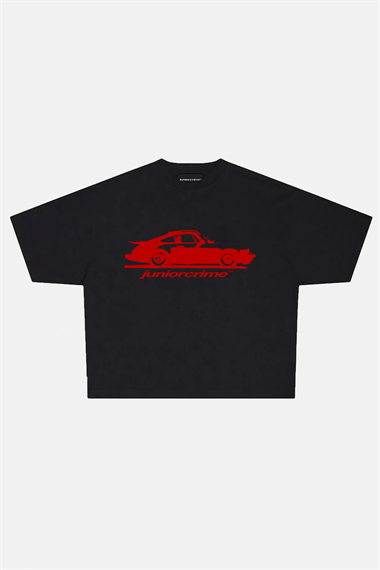 JR Red Car Baskılı Siyah Boxy Fit Tshirt