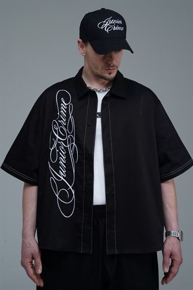 JR Signature Baskılı Boxy Fit Gabardin Gömlek