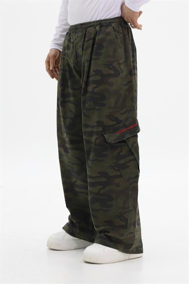 Kamuflaj Desenli Haki Low Waist Baggy Pantolon