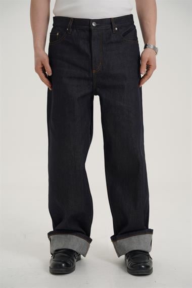 Kontrast Dikiş Wide Leg Baggy Raw Denim