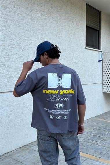 New York Baskılı Gri Oversize Tshirt