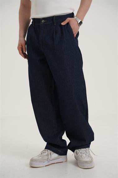 Pileli Kontrast Dikiş Baggy Jean Pantolon