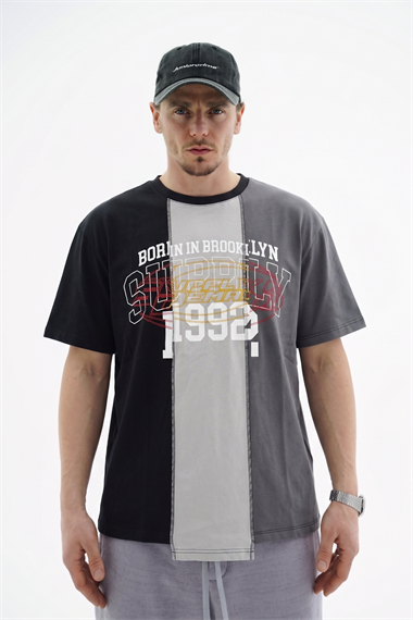 Şerit Detay Kontrast Dikiş Oversize Tshirt