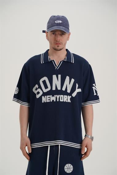 Sonny Desenli Triko Kumaş Lacivert Oversize Tshirt