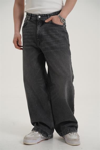 Yıkama Efektli Gri Baggy Jean