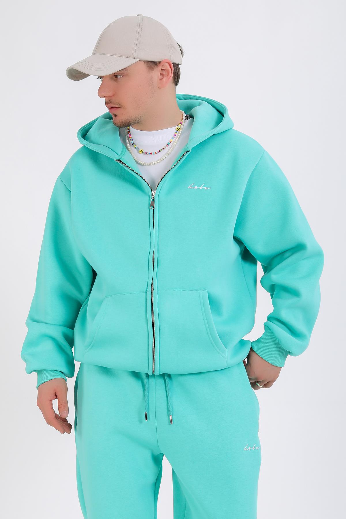 Nakışlı Yeşil Oversize Zipper Hoodie SW1347 - Jr.crime