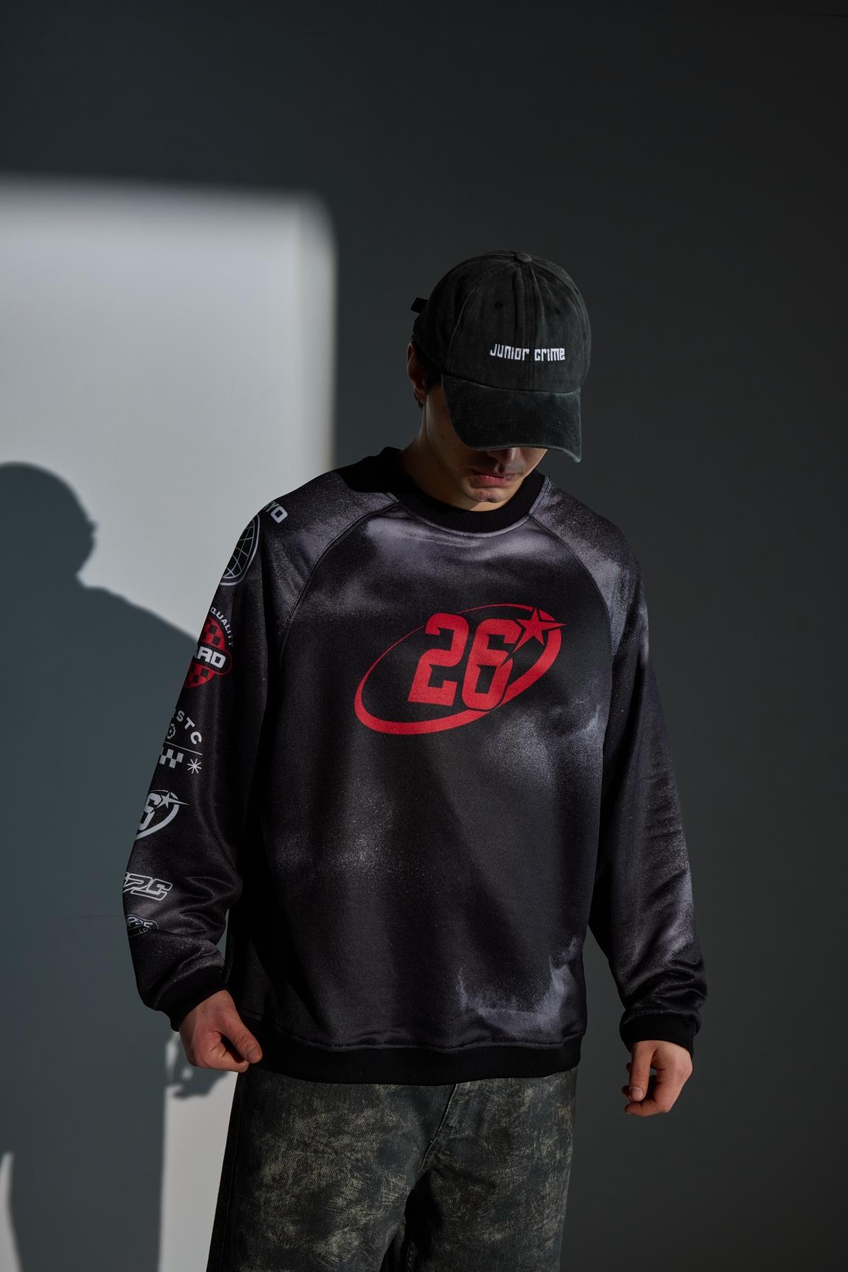 JAP　101jap Tokyo Baskılı Siyah Bisiklet Yaka Oversize Sweatshirt JC01 l JR.Crime