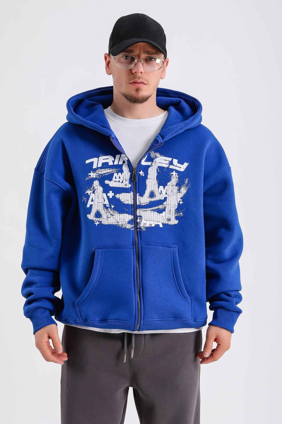 Tripley Baskılı Mavi Oversize Zipper Hoodie SW1215 - Jr.crime