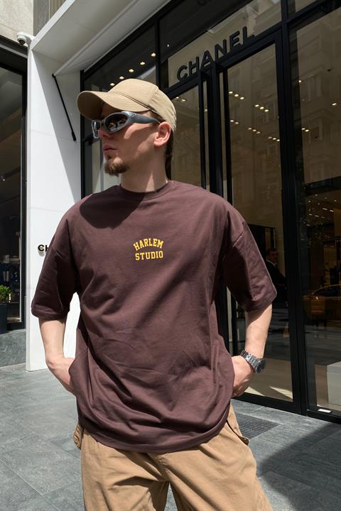 Kahverengi Harlem Baskılı Oversize Tshirt  T614